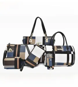Blue six-piece handbag set featuring classic plaid patterns and various carry sizes