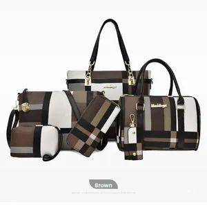 Detailed view of 6-piece brown plaid tote bag set with golden hardware and luxury textures