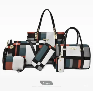 Detailed view of 6-piece green plaid handbag set including tote and crossbody bags
