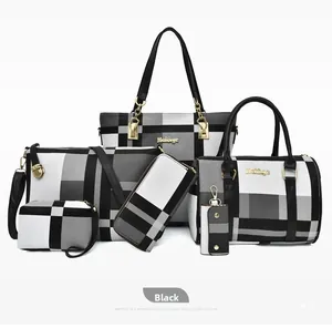 Detailed set of 6 black plaid pattern handbags including tote and crossbody bags