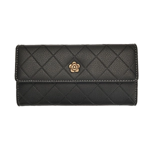 Classic black quilted long wallet with vintage gold flower logo and contrast stitching