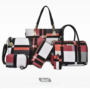 Six-piece women handbag set featuring red plaid pattern and elegant gold hardware