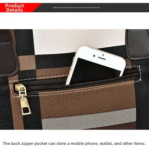 Macro shot of back zipper pocket on plaid handbag showing storage for a smartphone