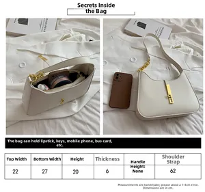 Detailed size chart for beige leather shoulder bag with gold chain and interior space