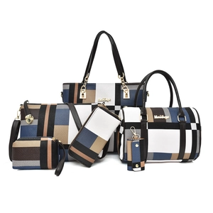 6-piece geometric plaid handbag set including tote and crossbody bags with gold hardware