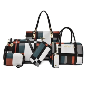 6-piece large capacity women's handbag set featuring colorful geometric plaid pattern