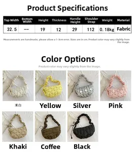 Detailed chart showing size specs and various colors of quilted puffer cloud bags
