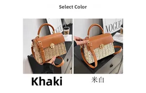 Detailed comparison of khaki and off-white woven crossbody bags with golden buckle