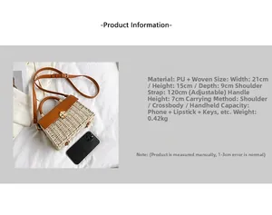 Detailed view of woven straw crossbody bag with brown leather flap and size dimensions
