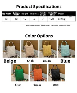 Detailed size chart and multi-color selection of woven PU leather mini tote bag