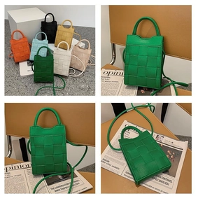 Detail of woven texture mini crossbody phone bag with top handle and slim strap