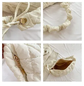 Detail shots of white quilted cloud bag with star zipper and scrunchie strap