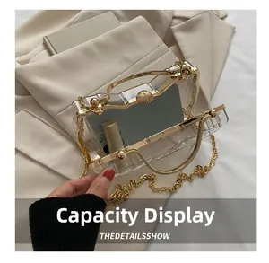 Détail du sac en acrylique transparent montrant la capacité pour smartphone et rouge à lèvres