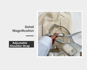 Detail showing adjustable shoulder strap with golden metal buckle on silver saddle bag