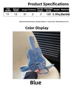 Size chart and dimensions for the creative blue denim violin shaped crossbody bag