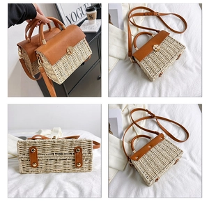Detail shots of a woven straw crossbody bag featuring brown leather trim and metal feet