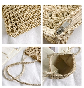 Détails du sac en paille tressée beige avec fermeture éclair et bandoulière tressée