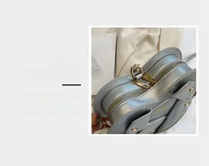 Macro view of metallic silver handbag featuring premium gold zipper and AYWG hardware detail