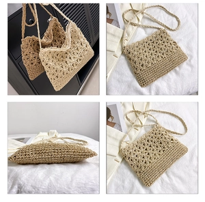 Détail du sac bandoulière en paille beige avec tissage floral évidé et fermeture éclair
