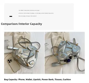 Macro detail of silver heart bag showing zipper elements and interior storage capacity