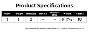 Detailed size chart for the PU leather clutch bag showing 19x9x2cm dimensions and weight