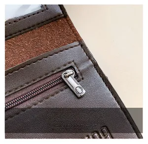 Macro detail of high-quality metal zipper and textured leather inner compartment of the wallet