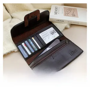 Detail view of large capacity dark brown leather wallet with multi-card slots and phone pocket