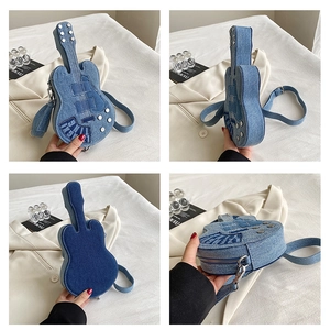 Multi-angle view of creative guitar shaped denim crossbody bag with rivet details