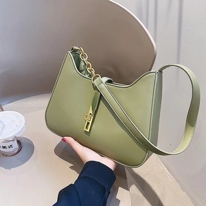 Women Hobo Shoulder Bag PU Leather Half Moon Underarm Purse With Gold Chain Metal Lock Minimalist Vintage Elegant
