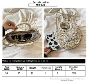 Tableau des tailles détaillé montrant les dimensions du sac en paille perlé