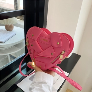 Heart Shaped Crossbody Bag PU Leather Biker Jacket Style Zipper Rivet Decor Fashion Streetwear For Women