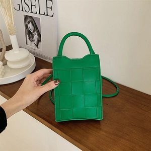 Woven Mini Crossbody Bag PU Leather Vertical Square Handbag With Top Handle Casual Fashion For Women