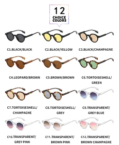Grid view of vintage oval sunglasses in 12 assorted frame colors and tinted lenses