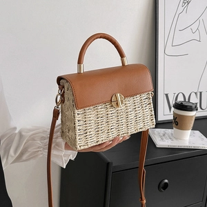 Woven PU Leather Handbag Women Vintage Crossbody Shoulder Bag With Metal Lock Flap Summer Vacation Casual