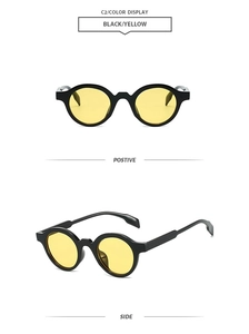 Detail view of oval black frame sunglasses with yellow lenses showing side and front angles