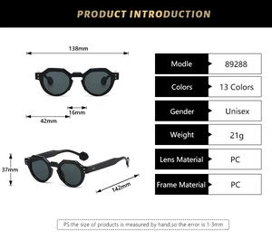 Detailed technical diagram of irregular sunglasses with dimensions and frame specifications
