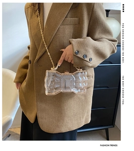 Détail de la pochette nœud en acrylique transparent avec bandoulière chaîne dorée