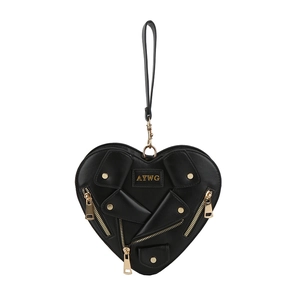 Fashion heart-shaped motorcycle jacket style crossbody bag with gold zippers and studs