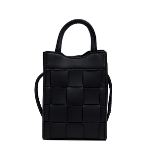Classic black woven mini tote bag with crossbody strap and top handle in premium leather