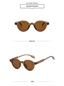 Front and side views of vintage oval brown sunglasses with matching tinted lenses