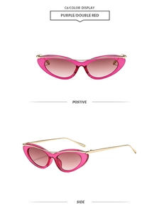 Dettaglio occhiali da sole cat-eye rosa con barra in metallo dorato e lenti sfumate