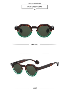 Detail view of irregular polygon sunglasses in demi green with dark gray lenses