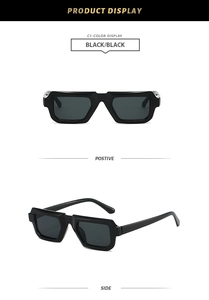 Detailansicht der Vorder- und Seitenwinkel einer schwarzen quadratischen Retro-Sonnenbrille