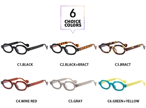 Detailed grid showing vintage small square glasses frames in six assorted colors and finishes