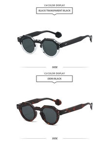 Detail view of irregular geometric sunglasses in black transparent and tortoiseshell frames