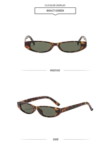 Détails de face et de profil de lunettes de soleil ovales en écaille avec verres vert foncé