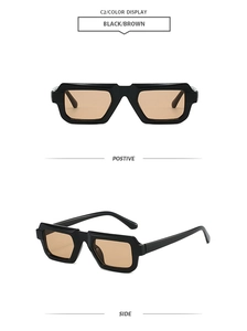 Detailansicht der Retro-Sonnenbrille mit schwarzem Rahmen und braunen Gläsern
