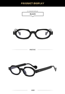 Detail view showing black thick-frame square glasses from front and side perspectives