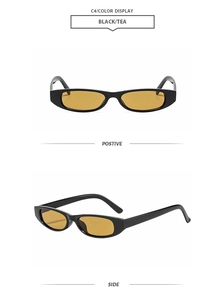 Vues frontale et latérale de lunettes de soleil vintage à monture fine noire et verres thé