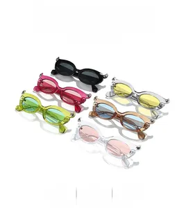 Flat lay of devil horn cat eye sunglasses in multiple colors with metallic accents